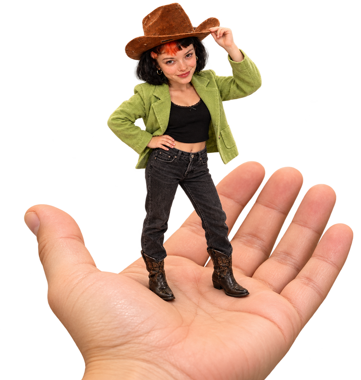 Tiny Claudia in a cowboy hat standing in a human palm