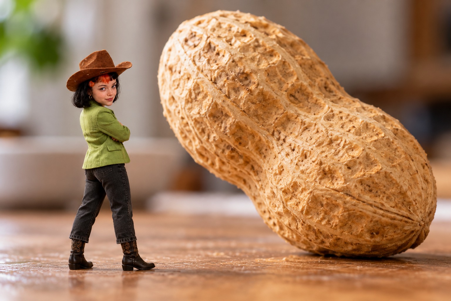 Tiny Claudia facing a giant peanut with a deadpan stare