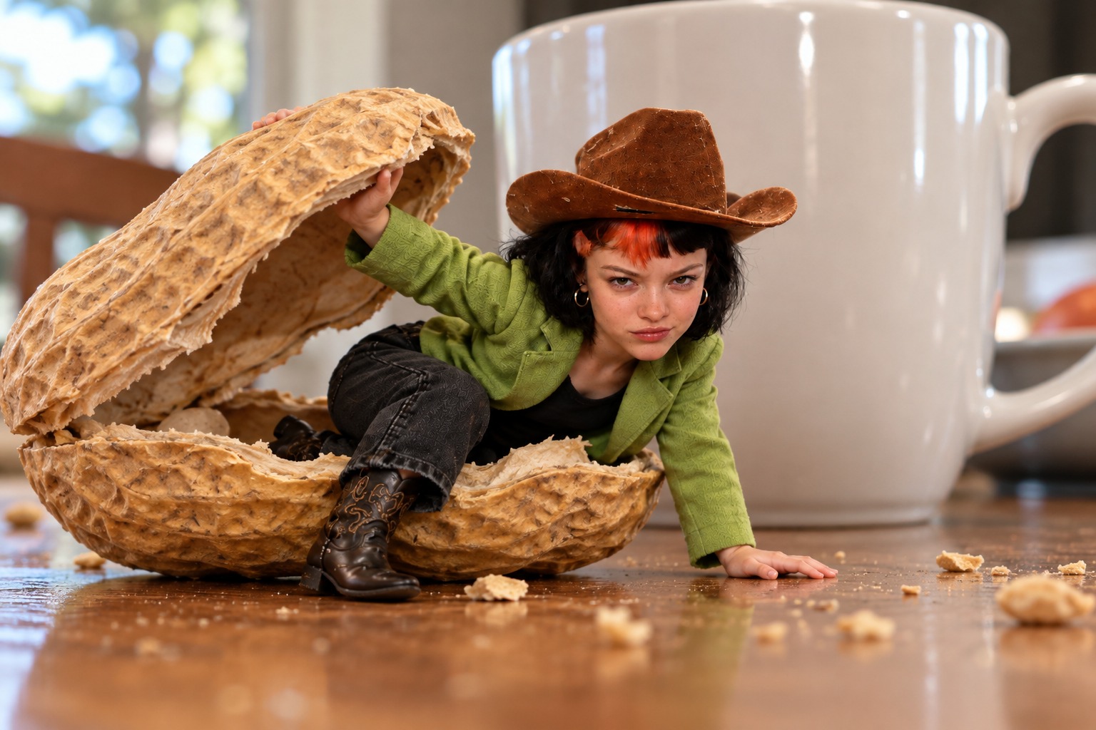 Tiny Claudia climbing out of a peanut shell